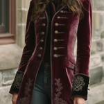 Vintage Contrast Trim Embroidered Velvet Coat