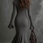Retro Zipper Neck Trumpet Sleeve Knitted Midi Dress