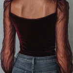 Retro Sheer Sleeves Polyester Velvet Blouse