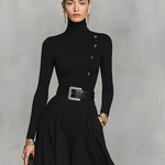 Women's Black Knit Elegant High Neck Button Detail Maxi Dress