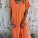 V Neck Loose Fit Cotton Linen Midi Dress