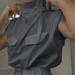 Loose Sleeveless Buckle Solid Color Stand Collar Blouses&Shirts Tops