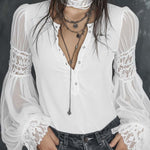 Vintage Henley Collar Sheer Sleeves Lace Trim Polyester Velvet Blouse