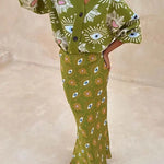 Mysterious Magic Satin Eye Heart Pattern Elastic Waist Drape Maxi Skirt