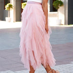 Fashionable solid color puffy mesh high waist slimming skirt