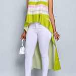 High-Low Loose Contrast Color Pleated Mock Neck Blouses&Shirts Tops
