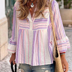 Fashion striped v-neck cropped puff sleeve stitching shirt