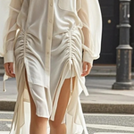 Long Sleeves Loose Buttoned Drawstring Pleated Pockets Solid Color Lapel Midi Dresses Shirt Dress