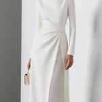 High Waisted Long Sleeves Gauze Pleated Solid Color Split-Joint Round-Neck Maxi Dresses
