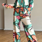 Printed Commuter Shirt High Waist Wide Leg Pants Set