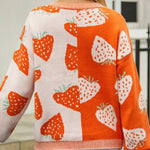Orange Strawberry Print V-Neck Colorblock Cardigan