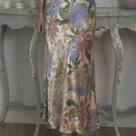 Satin Floral Print V-neck Half-sleeve Loose Top and Elegant Maxi Skirt Set