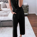 Buttoned Sleeveless Cropped Jumpsuit With Sash