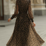 Leopard Print Wrap Midi Dress With Long Sleeves