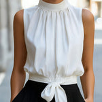 Sleeveless High-Neck Tie-Waist Blouse