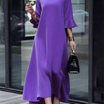 A-Line Flared Sleeves Solid Color Zipper Round-Neck Maxi Dresses