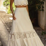 Summer City Hollow Lace Crop Tank and Elastic Waist Pocketed A-line Maxi Skirt Set