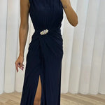Pretty Special Pleated Embellished Slit Evening Maxi Dress