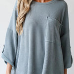 Kpion Pocket Crew Neck Button Down Long Sleeve Top
