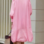Long Sleeves Loose Buttoned Pleated Pockets Solid Color Lapel Midi Dresses