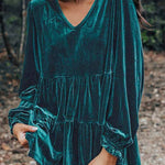 Sea Green Velvet V Neck Puff Sleeve Peplum Blouse