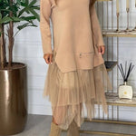 Taylor Knit Turtleneck Zip-up Top and Elastic Waist Tulle Loose Midi Skirt Set