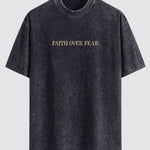 Faith Over Fear Print Washed Distressed Drop Shoulder T-Shirt