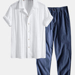 Geometric Jacquard Textured Cuban Shirt & Straight Leg Linen Cotton Blend Pants