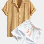 Knitted Geometric Textured Cuban Shirt & Man Mid Length Drawstring Swim Shorts