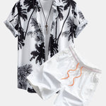 Palm Trees Print Button Up Shirt & Man Mid Length Drawstring Swim Shorts