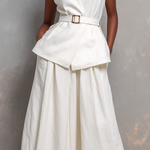 Women's Elegant White Cotton-linen Blend V-neck Sleeveless Top And Skirt Set