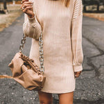 Turtleneck Long Sleeves Ribbed Knit Sweater Dress