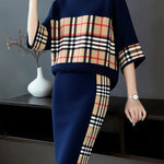 Loose Three-Quarter Sleeves Plaid Pullovers Sweater Tops