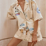 Kea Linen Blend Unique Print Short Sleeve Shirt and High Rise Wrap Panel Miniskirt Set