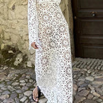 Island Break Crochet Flower Pattern Long Sleeve Backless Vacation Maxi Dress