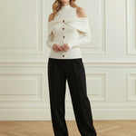 Long Sleeves Skinny Buttoned Pleated Ribbed Knit Cold Shoulder Knit Top