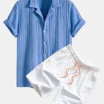 Knitted Geometric Textured Cuban Shirt & Man Mid Length Drawstring Swim Shorts