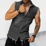 Men's Vintage Washed Raw Edge Lapel Sleeveless Denim Shirt
