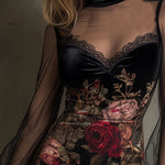 Velvet Rose Print Sheer Patchwork Mini Dress With Lace Trim