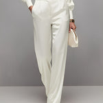 Women's Ivory Satin Set With Boat Neck Top & Puff Sleeves, Timeless Luxe-Elegant Style Set