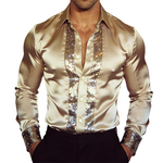 Men's Retro Casual Satin Sequin Patchwork Lapel Long-Sleeve Shirt