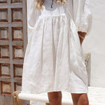 Fashion Loose V Neck Puff Sleeve Cotton Linen Dress