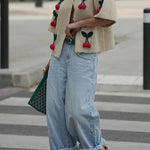 Short Sleeves Button Up Cherry Decorative Knit Sweater