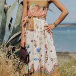 Summer Vibes Linen Blend Unique Print Smocked Belt Midi Dress