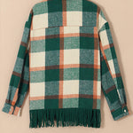 Plaid Snap Button Pocket Fringed Hem Shacket