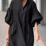Half Sleeves Loose Buttoned Pleated Solid Color Tied Waist Stand Collar Maxi Dresses