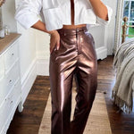 Funky Fun Design Metallic Fabric Pocket Stretch Straight Pants