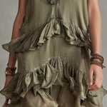 Boho Vintage Olive Ruffle V-Neck Tencel Mini Dress