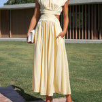 Cap Sleeve Belly-Hollow Pleated Solid Color Stand Collar Maxi Dresses