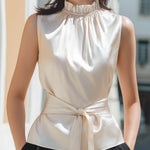 Sleeveless Smocked High-Neck Tie-Waist Blouse